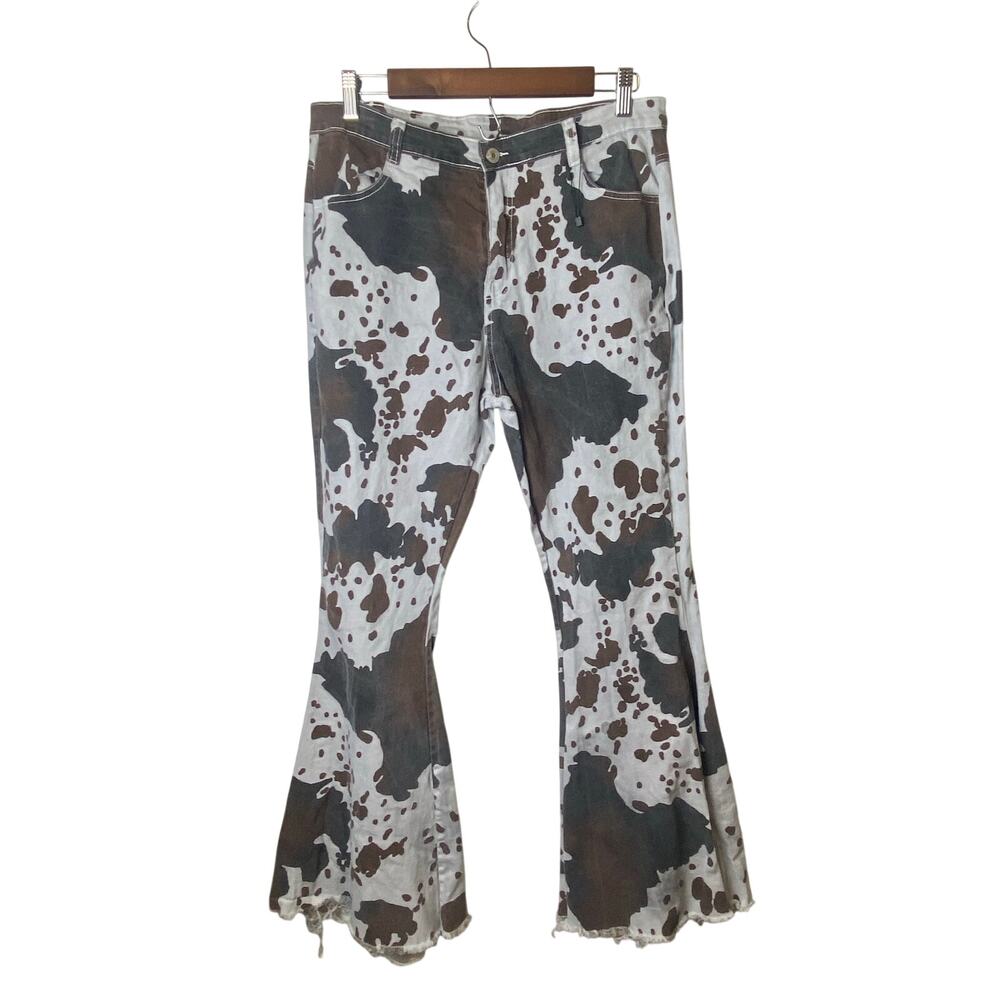 Cow Print Light Blue Brown Flare Denim High Rise Jeans Women's Size X-Large